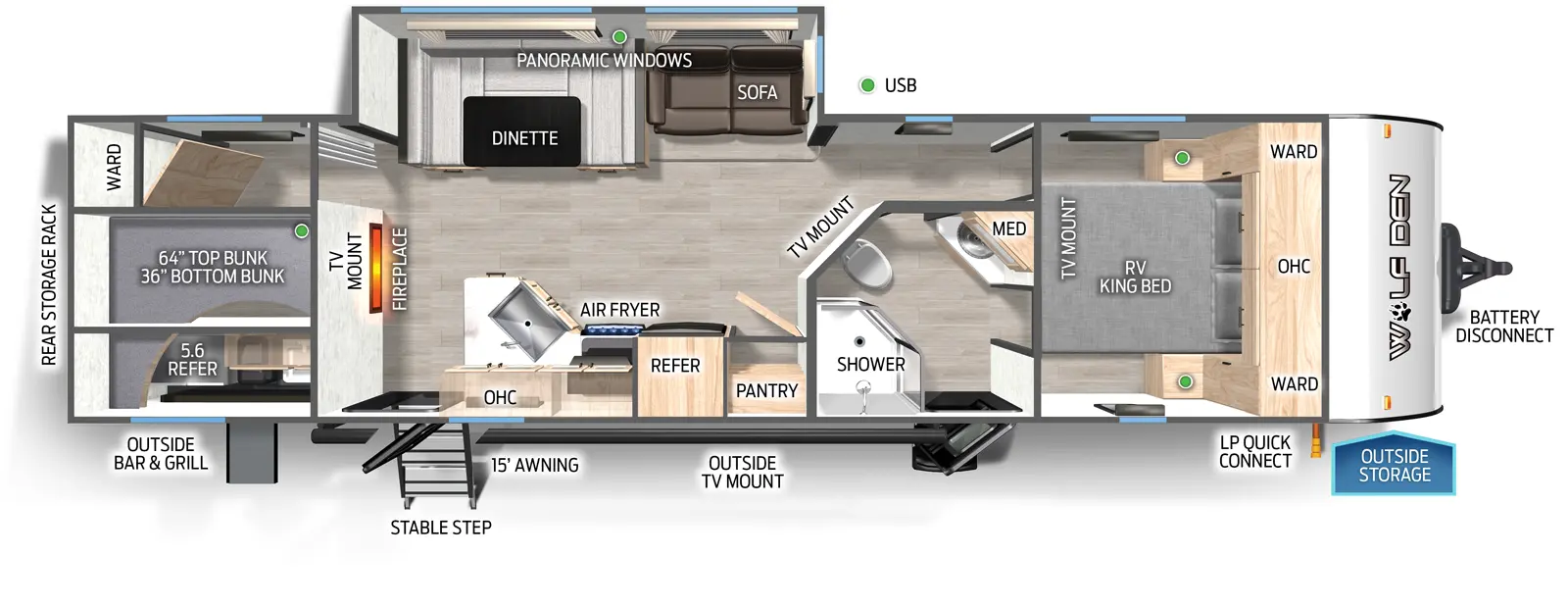 The Wolf Den 294GEBG floorplan has two entries and one slide out. Exterior features include: metal exterior, 15' awning and outside kitchen. Interiors features include: bunk beds, u-dinette and front bedroom.